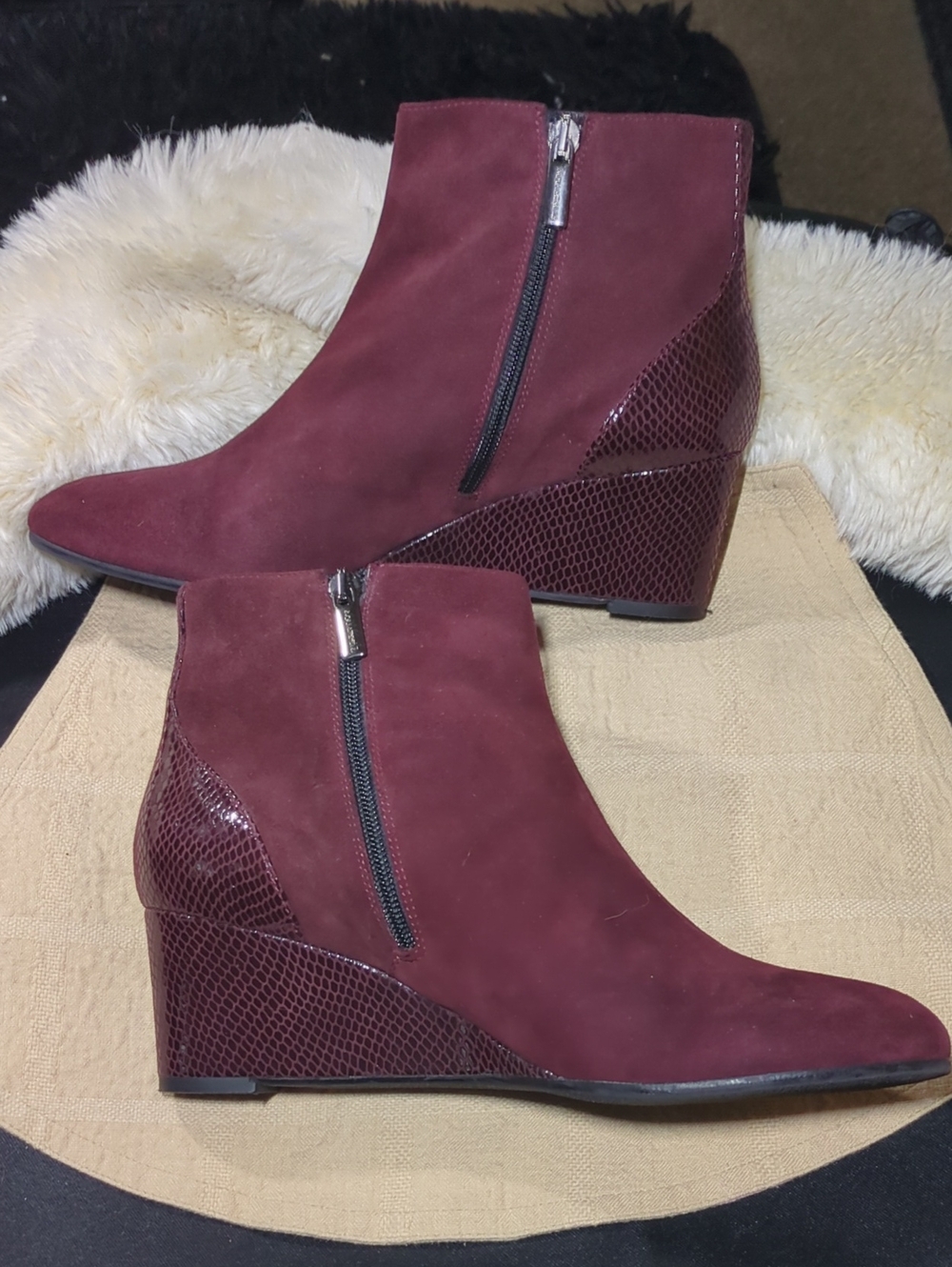 Aquatalia Judy Weather Proof Burgundy Wedge Ankle Boots w/Textured Heel $150